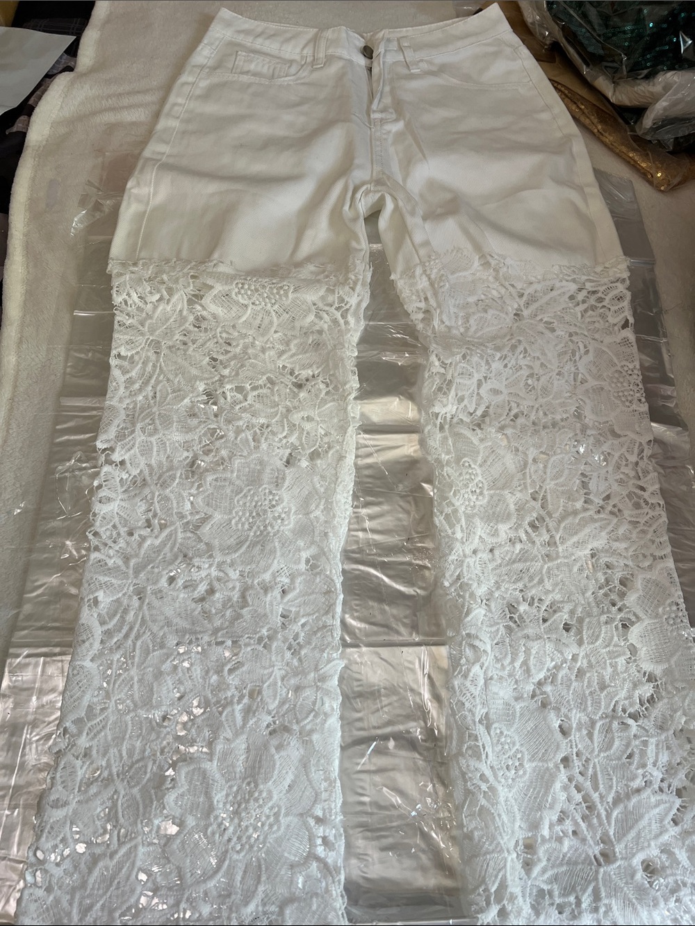 White Lace-Panel Wide Leg Women’s Jeans Size Small